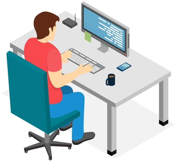 Funcionário de escritório personagem masculino sentado à mesa com computador. Empresário que trabalha no local de trabalho —  Vetores de Stock