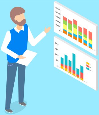 İstatistiksel göstergeleri, iş verilerini analiz et. Pazarlama araştırmalarında çalış. Veri analizi izometrik