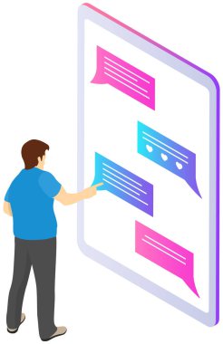 Application for virtual communication on smartphone screen. Man is chatting in messenger online