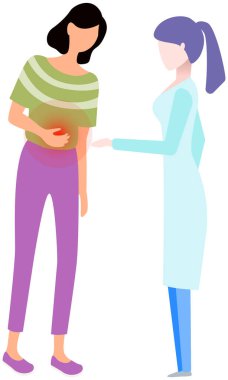 Female character suffering from abdominal pain in consultation with doctor gastroenterologist