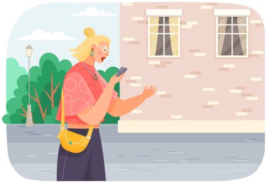 Female character with smartphone is recording voice message. Young woman using phone in city