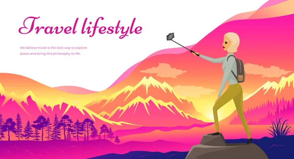 Travel lifestyle website template. Girl with phone on monopod taking selfie on top of mountain — Image vectorielle