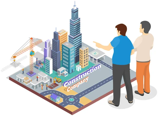 People look at layout of future modern city. Construction project management, architecture planning — Stockový vektor