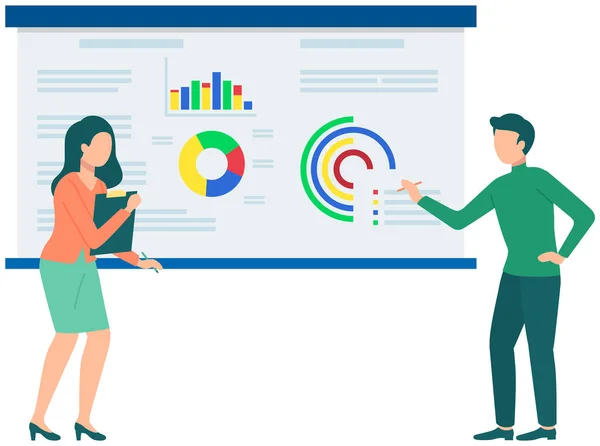 Les gens discutent graphique à secteurs avec des données statistiques. Couple remue-méninges avec diagramme sur tableau à feuilles mobiles — Image vectorielle