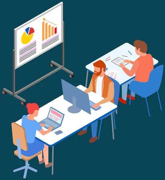 Çalışanlar istatistiksel göstergeleri, iş verilerini analiz ederler. Karakterler pazarlama araştırmalarıyla çalışır