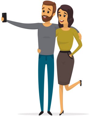 Akıllı telefonlu çift ortak fotoğraf için poz veriyor. Cep telefonu kameralı insanlar selfie çekerler.