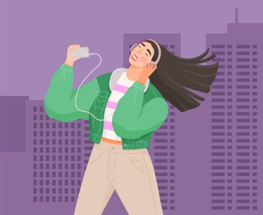 Telefona bağlı kulaklıklı kadın karakter mobil uygulama üzerinden en sevdiği müziği dinliyor.