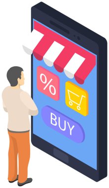Çevrimiçi alışveriş teknolojileri konsepti. Ticaret büfesi şeklinde büyük akıllı telefonun yanında duran adam.