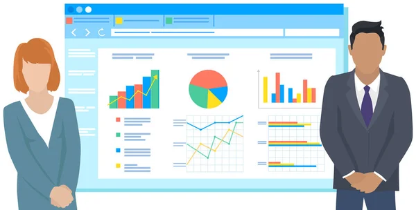 Presentación exitosa del proyecto empresarial, planificación de la estrategia de la empresa, análisis de indicadores estadísticos — Vector de stock