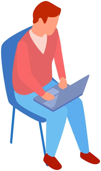 Man sitting on comfortable chair and browsing, freelancing or working on laptop at his laps — Stok Vektör