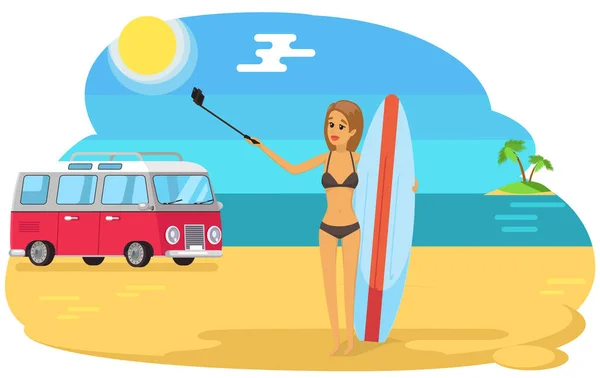 La mujer con tabla de surf está haciendo selfie. Chica surfeando y posando para autorretrato en las vacaciones de verano — Vector de stock