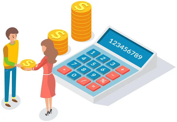 Girl with guy exchanges money, gives gold dolar coins. People counting budget on calculator — Stock Vector