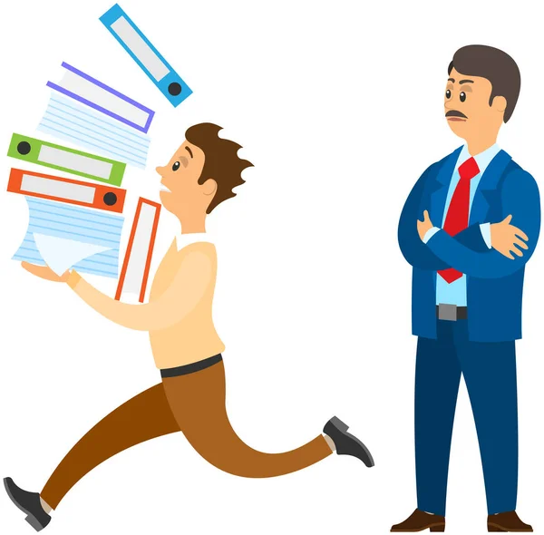 Male character is running with data folders to finish task before deadline. Boss urges employee — Stock Vector