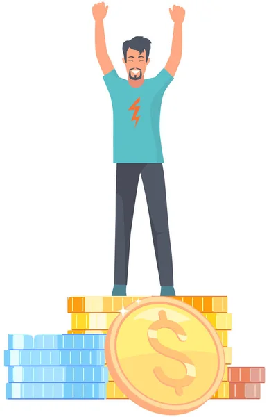 Man happily raises his hands from wealth he earned. Businessman standing on pile of gold coins — Stock Vector