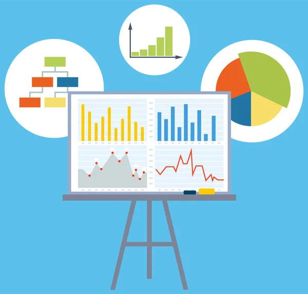 Presentation board with statistical data, graphs and diagrams. Mind map line with chart types — Vettoriale Stock