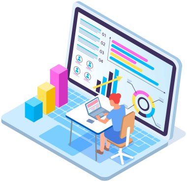 Çalışanlar istatistiksel göstergeleri, iş verilerini analiz ederler. Karakterler pazarlama araştırmalarıyla çalışır