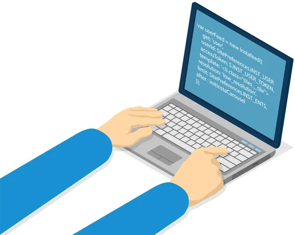 La persona sta lavorando digitando sulla tastiera. Mani di giovane programmatore codifica nuovo progetto utilizzando il computer — Vettoriale Stock