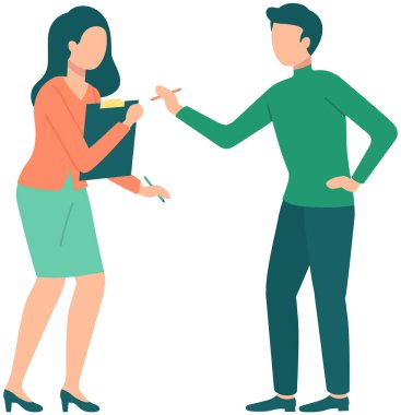 Dosyası olan iş kadını, pozisyonunu erkeğe kanıtlıyor. Erkek ve kadın tartışıyor, tartışıyorlar.