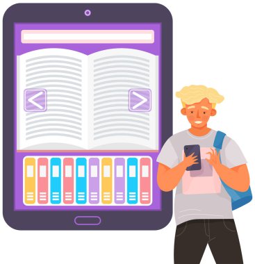 Mobil cihaz kullanan erkek karakter. Genç çocuk online kütüphane kullanıyor.