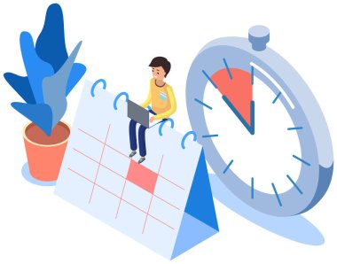 İş planı, çalışma programı, iş adamı takvimde oturuyor. Bilgisayarlı adam planlama üzerinde çalışıyor.