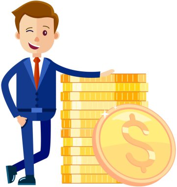 Altın paraları olan zengin erkek karakter. Başarılı bir adam para yığınının yanında. İş başarısı konsepti