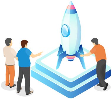 Yeni proje iş planının sunumuyla takım çalışması. Başlangıcın sembolü olarak roketin fırlatılması