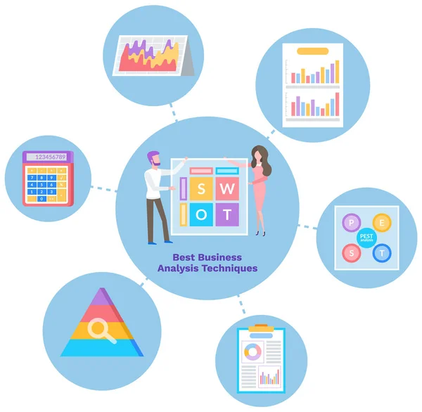 Geestenkaart over het onderwerp van zakelijke analysetechnieken. SWOT-analyse van de onderneming, project startup — Stockvector