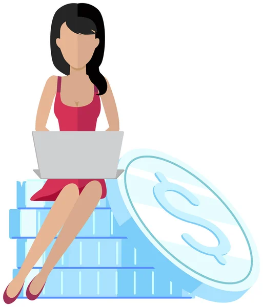 Lady freelancer works with technology to earn money and receive income. Girl is in business — Stock Vector