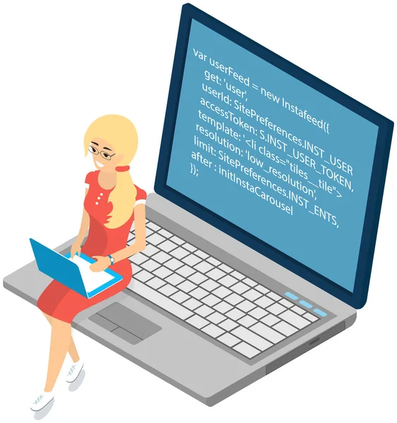 若い女性はコンピュータに座って、ソーシャルネットワークでラップトップで作業し、プログラムコードを入力します。 — ストックベクタ