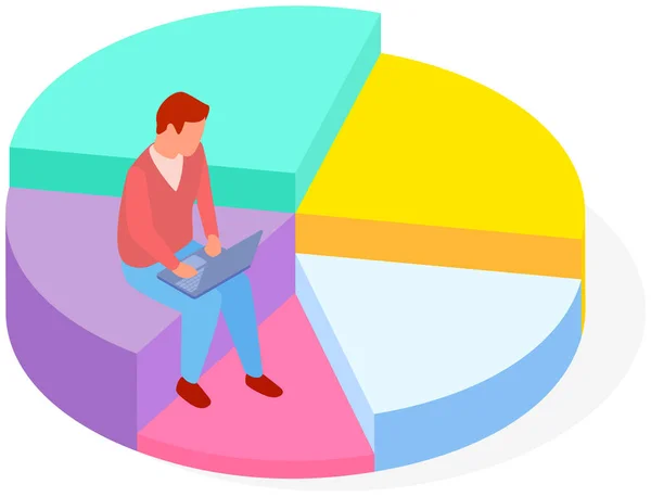 Analista masculino sentado en gráfico circular lleva a cabo la investigación estadística y trabaja con el análisis de datos — Archivo Imágenes Vectoriales