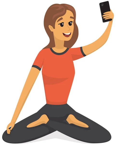 Yogui en posición de loto posando para selfie. Chica haciendo yoga y meditando durante la sesión de fotos — Vector de stock