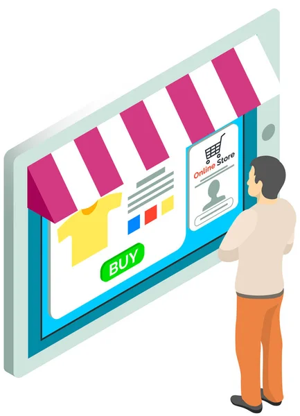 Uomo sta utilizzando tablet con app per acquistare e ordinare. Interfaccia di applicazione per lo shopping online — Vettoriale Stock