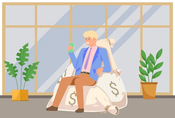 Empresário de sucesso está sentado no escritório em pilha de sacos de dinheiro com dólares em sua mão — Vetor de Stock