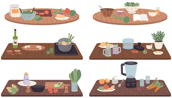 Conjunto de ilustraciones sobre el proceso de cocción de alimentos vegetarianos, sin gluten y platos saludables — Archivo Imágenes Vectoriales