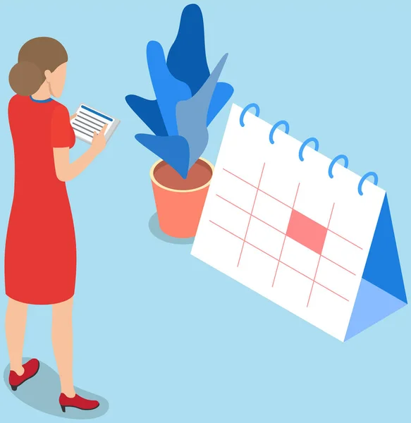 Dame avec des notes créant un calendrier pour le travail. Planification des tâches, la femme regarde le calendrier, la gestion du temps — Image vectorielle