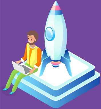 Erkek karakter, roket fırlatma ile başlayan yeni iş projesinin geliştirilmesi üzerinde çalışıyor