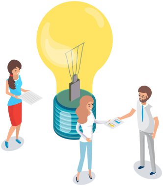 Meslektaşlar yeni bir girişimi tartışıyorlar. İş geliştirme fikrinin sembolü olarak ampul