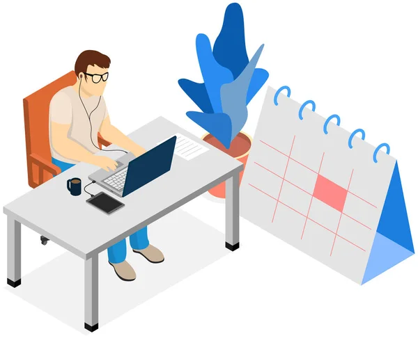 Homme travaillant avec l'ordinateur sur son emploi du temps, calendrier. Planification de projet, concept de gestion du temps — Image vectorielle