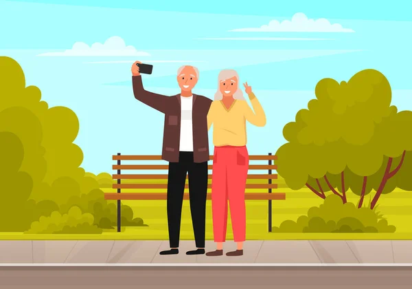Casal de idosos segurando celular e tirando fotos. Pessoas felizes sorrindo e posando para foto —  Vetores de Stock
