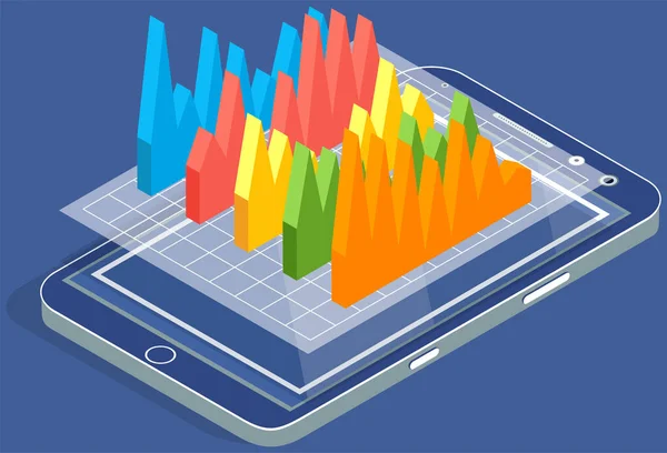 Analyze statistical indicators, business data. Work with marketing research. Data analysis isometric — Stock Vector