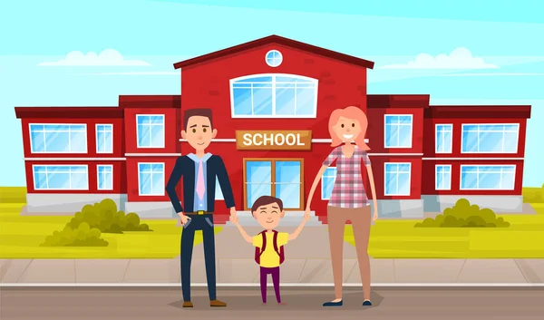 아버지가 아이를 학교에 데려가고 있어요. 아버지와아 들은 손으로 교육 기관 가까이에 서 있다 — 스톡 벡터