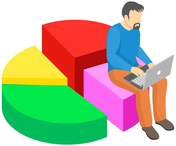 Analista maschio seduto sul grafico a torta conduce ricerche statistiche e lavora con l'analisi dei dati — Vettoriale Stock