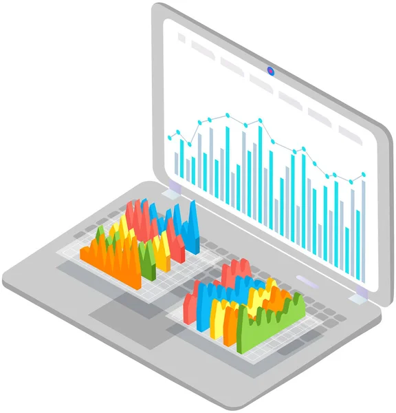 Analizar indicadores estadísticos, datos empresariales. Trabajar con la investigación de marketing. Análisis de datos isométricos — Archivo Imágenes Vectoriales