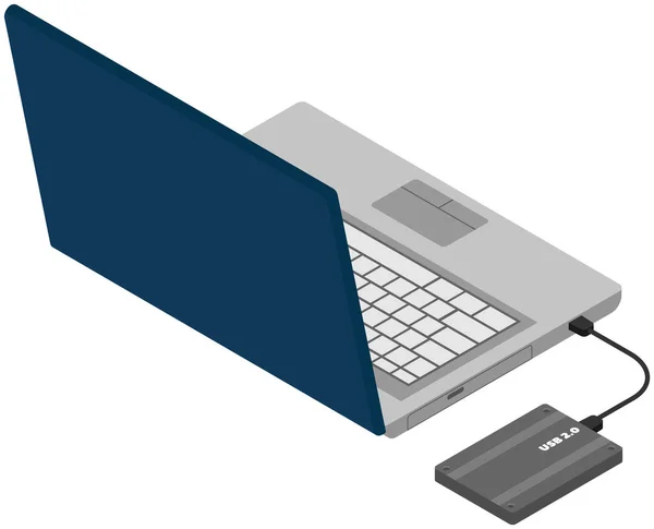 Laptop und Festplattenspeicher, Vector-Design auf weißem Hintergrund Computer und USB-Gerät mit Kabel — Stockvektor
