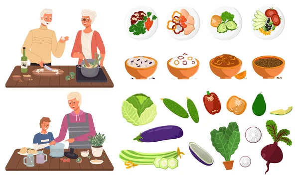 Pessoas a cozinhar refeições vegetarianas. Nutrição adequada, estilo de vida saudável e vegetarianismo — Vetor de Stock