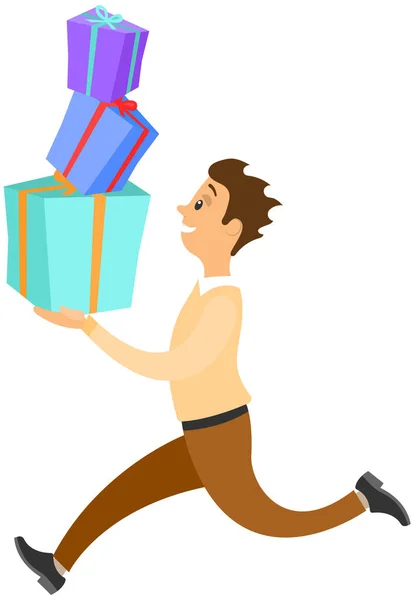 El hombre apurado corre con regalos. Chico alegre rápidamente lleva cajas con regalos para las vacaciones — Vector de stock