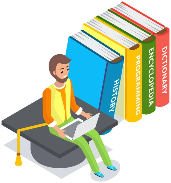 Biblioteket. Ung man sitter nära stack med stora böcker och använder surfplatta studerar i internet — Stock vektor