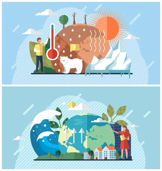 Σύνολο απεικονίσεων σχετικά με την κλιματική αλλαγή, την άνοδο της στάθμης των υδάτων, την υπερθέρμανση του πλανήτη, οικολογικά προβλήματα — Διανυσματικό Αρχείο