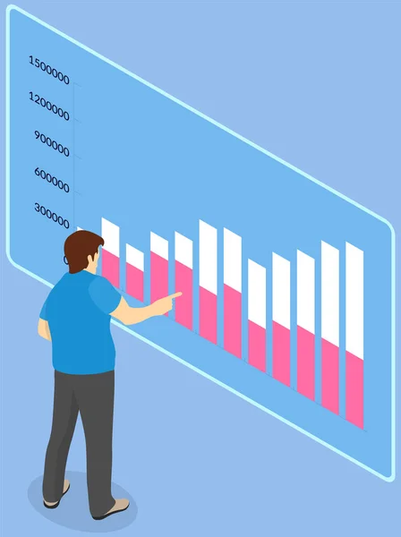 Člověk interaguje s diagramy a indikátory, analyzuje statistické informace na prezentační desce — Stockový vektor