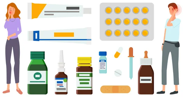 Tristes personnes souffrant de douleur se tiennent à côté de médicaments, comprimés, onguents pour le traitement des maladies — Image vectorielle